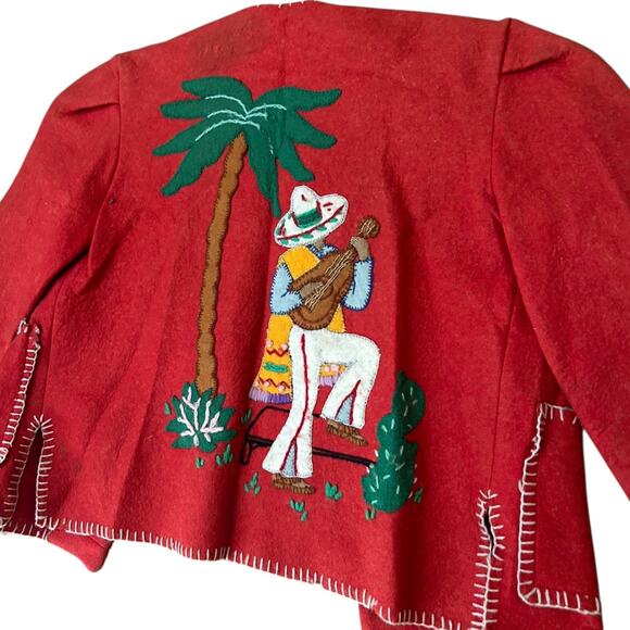 Vintage 1940s Mexican Hand Embroidered Red Wool Jacket | kids 7 year old - - Picture 4 of 5